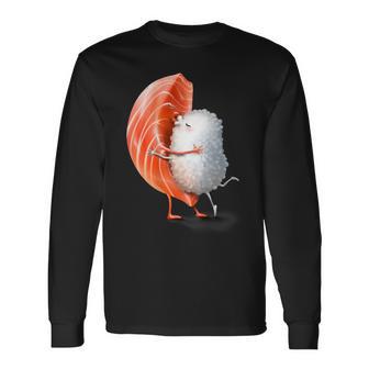 Romantic Japanese Salmon Sushi Hug And Kiss On Valentine Day Long Sleeve T-Shirt - Monsterry