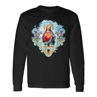 Sacred Heart Of Jesus Christ Vintage Cross Catholic Long Sleeve T-Shirt - Monsterry