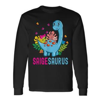 Saigesaurus Personalisierter Name Saige Dino Dinosaurier Geburtstag Langarmshirts - Seseable