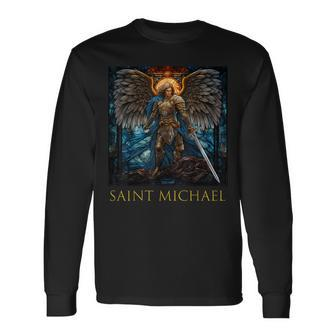 Saint Michael The Archangel Stained Glass Long Sleeve T-Shirt - Thegiftio UK
