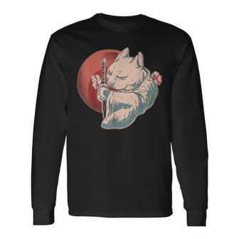 Samurai Cat Cattori Hanzo Katana Sword Japanese Kitten Ninja Long Sleeve T-Shirt - Monsterry