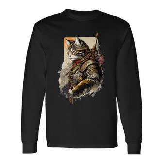 Samurai Cat In Uniform Portrait Painting Samurai Cat Long Sleeve T-Shirt - Thegiftio UK