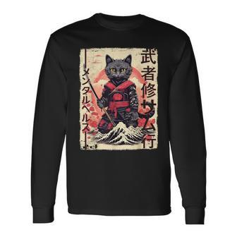 Samurai Cat Warrior Japanese Ninja Kitty Kawaii Long Sleeve T-Shirt - Seseable