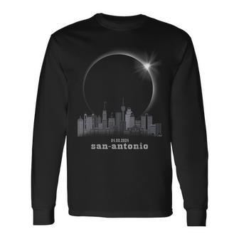 San Antonio Tx Skyline Silhouette Total Solar Eclipse 2024 Long Sleeve T-Shirt - Monsterry CA