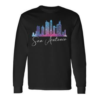 San Antonio Watercolor Skyline Texas State Long Sleeve T-Shirt - Monsterry CA