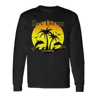 San Diego Palm Trees Dolphins Waves Seagulls T Long Sleeve T-Shirt - Monsterry CA