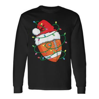 Santa Football Sports Ball Boys Christmas Xmas Lights Long Sleeve T-Shirt | Mazezy