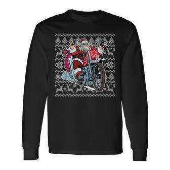 Santa On Motorcycle Ugly Christmas Sweater Long Sleeve T-Shirt - Monsterry CA