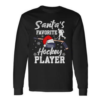 Santa's Favorite Hockey Player Christmas Pajama Hockey Xmas Long Sleeve T-Shirt - Monsterry UK