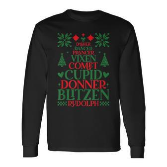 Santa's Reindeer Name Rudolph Family Ugly Christmas Sweater Long Sleeve T-Shirt - Seseable