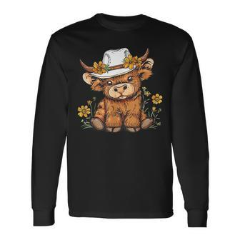 Scottish Cute Highland Cow Cattle Hairy Cow Flowers Women Long Sleeve T-Shirt - Seseable
