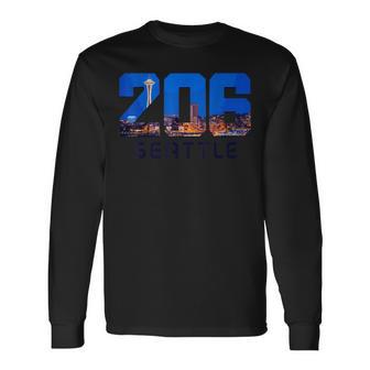 Seattle 206 Area Code Pride Skyline Washington Vintage Long Sleeve T-Shirt - Monsterry AU