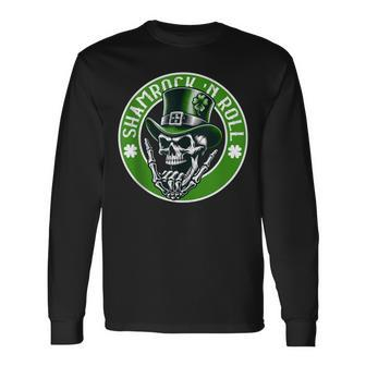 Shamrock N Roll Irish Music Skull St Patrick's Rocker Long Sleeve T-Shirt - Monsterry