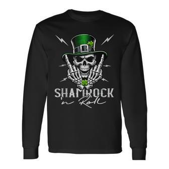 Shamrock N Roll Irish Skull St Patrick's Rocker Long Sleeve T-Shirt - Monsterry