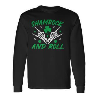 Shamrock And Roll Rock And Roll Saint Patrick's Day Skull Long Sleeve T-Shirt - Seseable
