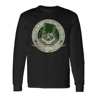 Shamrock And Roll Rock And Roll Saint Patrick's Day Skull Long Sleeve T-Shirt - Monsterry