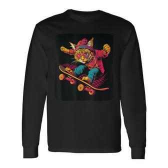Skating Cat With Cool Skateboard Costume Long Sleeve T-Shirt - Thegiftio UK