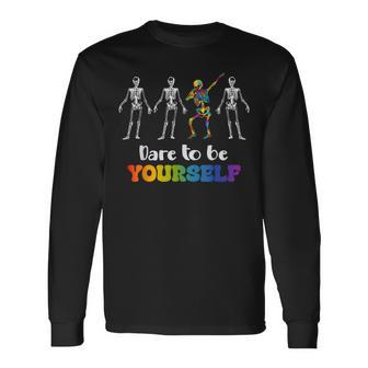 Skeleton Dabbing Dare To Be Yourself Autism Awareness Long Sleeve T-Shirt - Monsterry DE