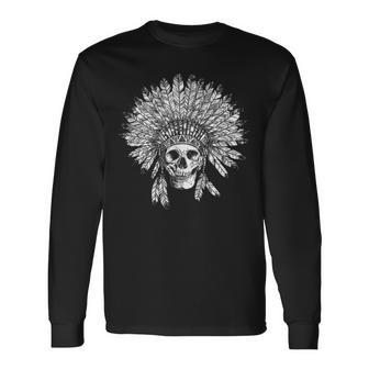 Skull And Headdress Tribal Feathers Eagle Wolf Long Sleeve T-Shirt - Monsterry