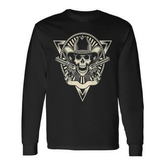 Skull Motorcycle Biker Cowboy Hat Outlaw Guns Long Sleeve T-Shirt - Monsterry DE