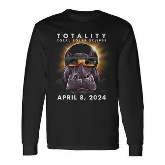 Solar Eclipse 2024 Hippo Wearing Eclipse Glasses Long Sleeve T-Shirt | Mazezy