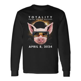 Solar Eclipse 2024 Pig Wearing Eclipse Glasses Long Sleeve T-Shirt - Monsterry CA