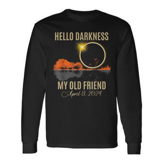 Solar Eclipse April 08 2024 Hello Darkness My Old Friend Long Sleeve T-Shirt - Monsterry UK