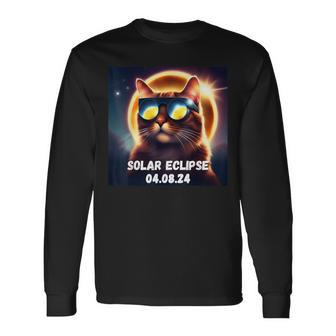 Solar Eclipse April 8 2024 Space Cat Sun Totality Glasses Long Sleeve T-Shirt | Mazezy