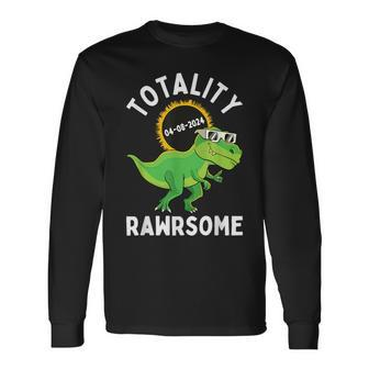 Solar Eclipse Totality Rawrsome 04 08 2024 T-Rex Dinosaur Long Sleeve T-Shirt - Monsterry