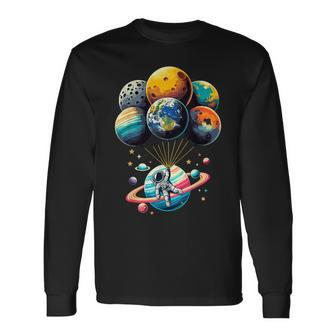 Solar System Astronaut Holding Planet Balloons Space Long Sleeve T-Shirt | Mazezy