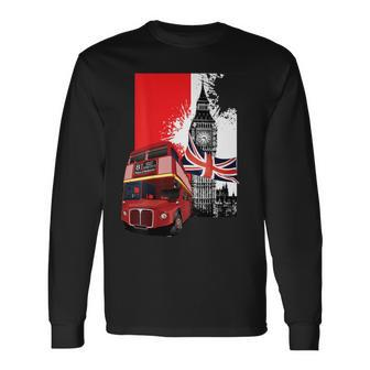 Souvenir London City Bus Vintage Uk Flag British Long Sleeve T-Shirt - Monsterry