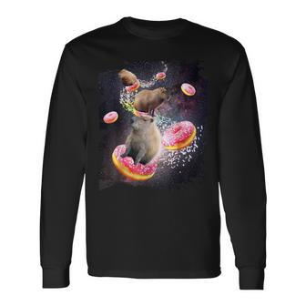 Space Capybara Riding Donut Galaxy Capybaras Long Sleeve T-Shirt - Monsterry