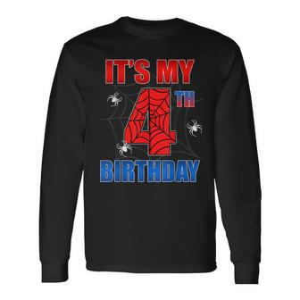 Spider Web 4 Years Old It's My 4Th Birthday Boy Party Long Sleeve T-Shirt - Seseable