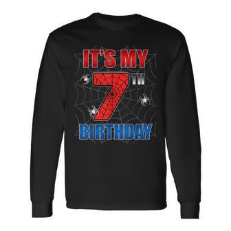 Spider Web Seven 7 Years Old It's My 7Th Birthday Boy Party Long Sleeve T-Shirt - Monsterry AU