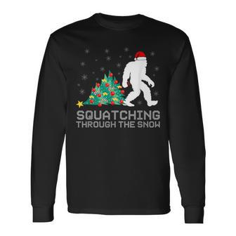 Squatching Through The Snow Bigfoot Christmas Sasquatch Long Sleeve T-Shirt - Monsterry UK