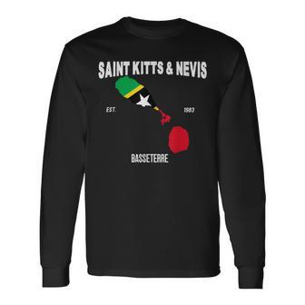 St Kitts & Nevis Flag Map Kittitian Nevisian National Day Long Sleeve T-Shirt | Mazezy