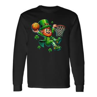 St Patrick's Day Basketball Irish Leprechaun Slam Dunk Long Sleeve T-Shirt - Seseable