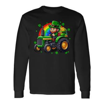 St Patrick's Day Cute Man Driving Tractor Shamrocks Rainbow Long Sleeve T-Shirt | Mazezy
