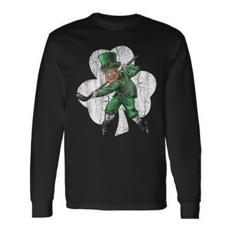 St Patrick's Day Hockey Hockey Player Leprechaun Long Sleeve T-Shirt - Monsterry