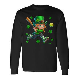 St Patrick's Day Man Playing Softball Shamrocks Player Team Long Sleeve T-Shirt - Seseable