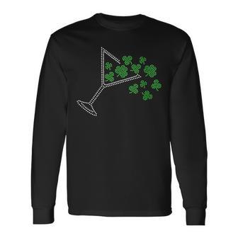 St Patrick's Day Martini Clover Bling Rhinestone Paddy's Day Long Sleeve T-Shirt | Mazezy