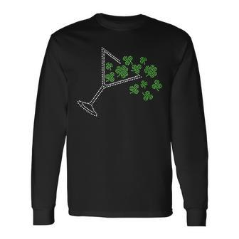 St Patrick's Day Martini Clover Rhinestone Paddy's Day Long Sleeve T-Shirt - Monsterry AU