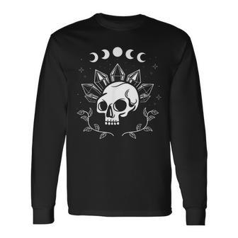 Stars Skull Pagan Gothic Crystals Wiccan Witch Moon Occult Long Sleeve T-Shirt - Monsterry