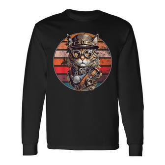 Steampunk Cat Retro Sunset Glasses Hat And Watches Langarmshirts - Seseable