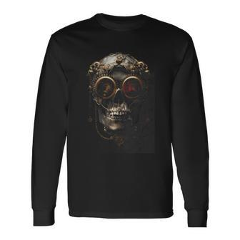 Steampunk Skull With Aviator Cap Gears Clockwork And Goggles Long Sleeve T-Shirt - Monsterry AU