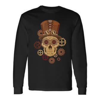 Steampunk Skull Gears Goggles Hat Science Fiction Lover Long Sleeve T-Shirt - Monsterry