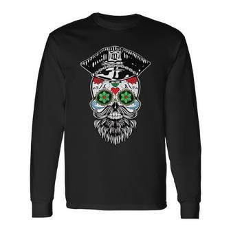 Sugar Skull Gay Daddy Bear & Biker Hat Leather Sugar Skull Long Sleeve T-Shirt - Monsterry