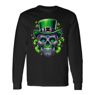 Sugar Skull Wearing Irish Leprechaun Hat St Patrick's Day Long Sleeve T-Shirt - Monsterry UK