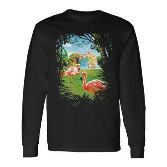 Summer In Paradise With Exotic Pink Flamingos Long Sleeve T-Shirt | Mazezy