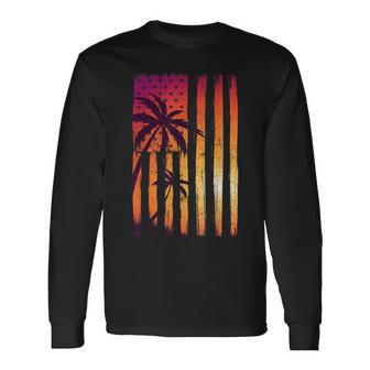 Summer Sunset Palm Trees American Flag Cool Spring Beach Long Sleeve T-Shirt - Monsterry AU